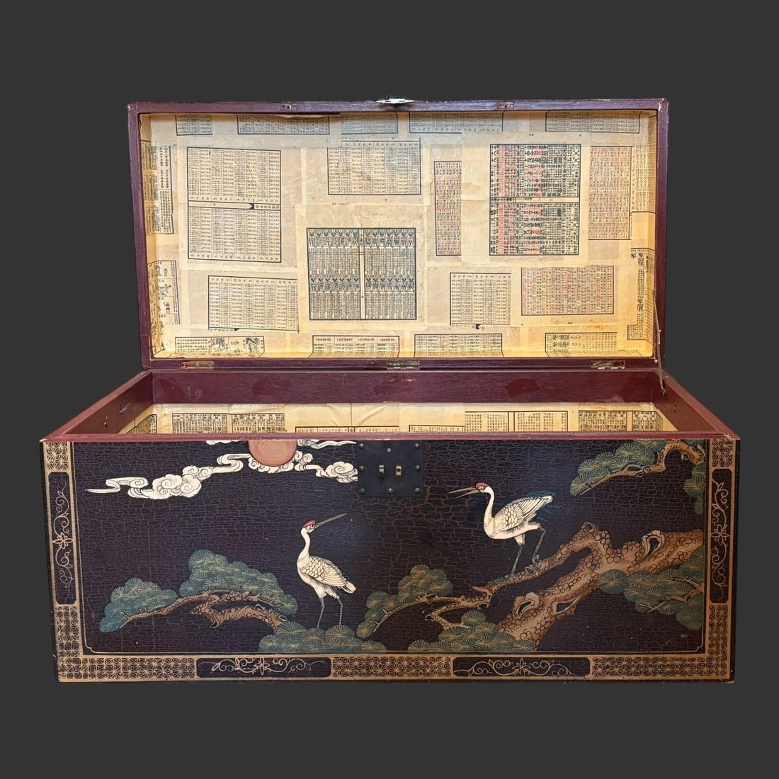 Japanese Lacquer Storage Chest with Crane Motif: Decorative Japanese lacquered wooden storage chest, likely late Meiji to Taish period, featuring finely painted crane and pine tree scenes symbolizing longevity and good fortune, with additional flora