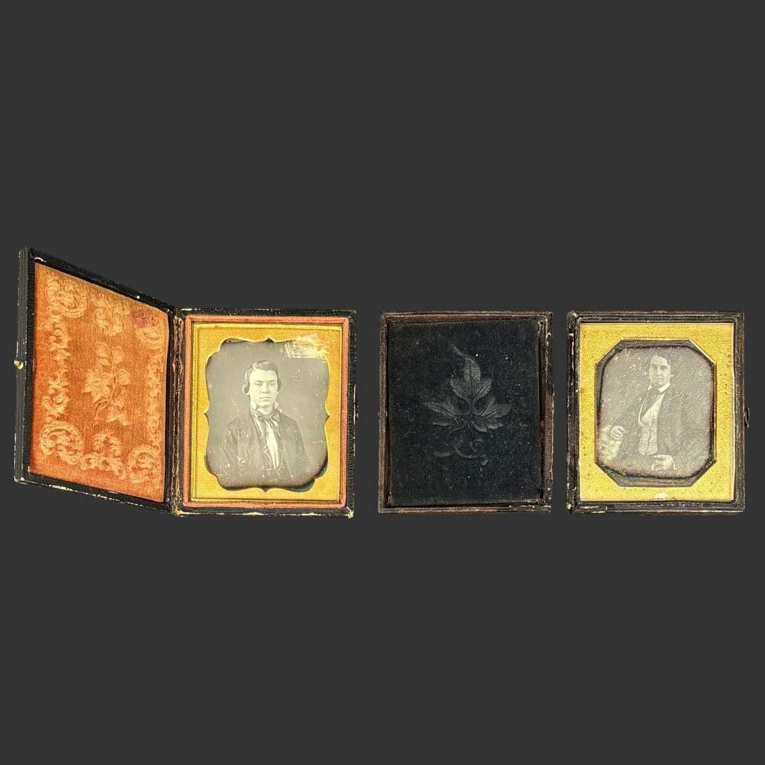 2 Mid-19th C. Cased Daguerreotype Portrait Photos: Mid-19th century American daguerreotype portrait photographs, each depicting a well-dressed gentleman, housed in their original hinged cases. The first image shows a young man in a dark jacket, waistc