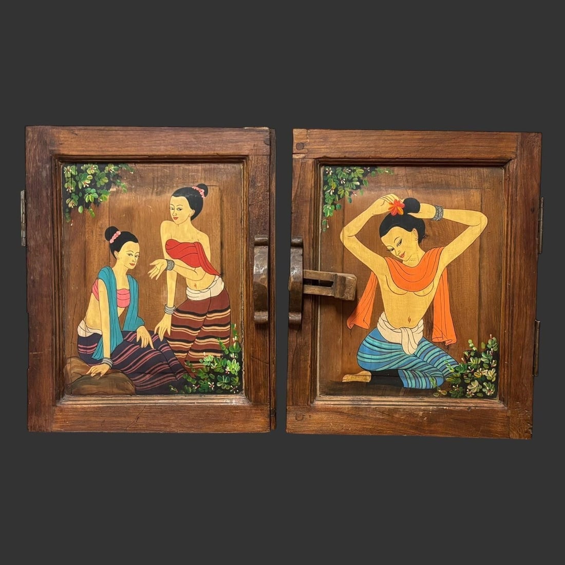 Antique Southeast Asian Painted Wooden Panel Cabinet Doors (1 of 5)