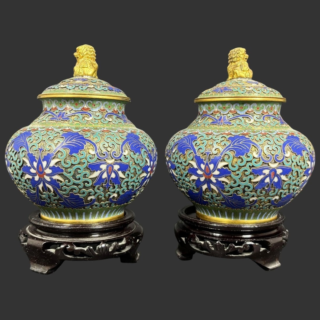 Pair of Chinese Cloisonné Enamel Lidded Jars Foo Dog Finials (1 of 7)
