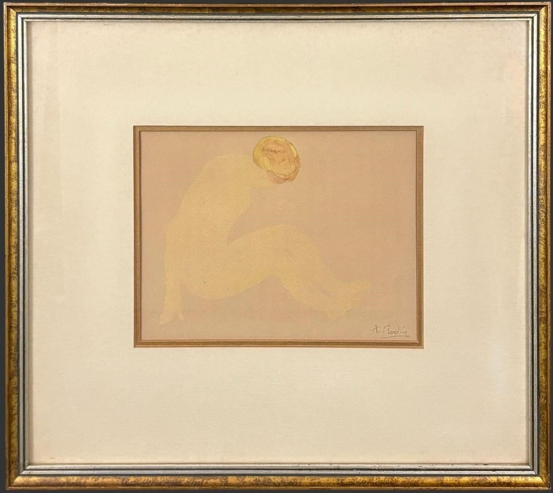 Auguste Rodin (1840-1917) Signed Figural Study: Figural study signed "A. Rodin" at lower right, depicting a softly rendered seated nude in delicate pale yellow and warm tonal washes, the figure bowed forward in a contemplative pose against a muted