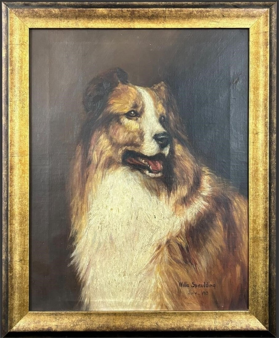 Willa Spaulding 1913 Oil Painting Collie Dog: Charming early 20th century oil on canvas portrait of a collie dog, signed and dated lower right "Willa Spaulding, July - 1913." The painting depicts a beautifully rendered long-haired collie in three