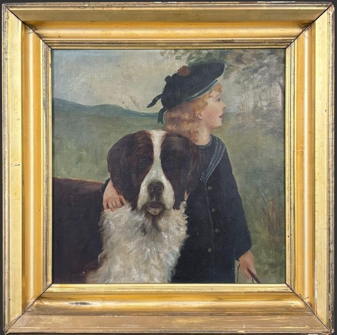 Antique Portrait of Child with St. Bernard Dog: Charming antique oil on canvas portrait depicting a young child dressed in a dark coat and hat, standing beside a large St. Bernard dog in a pastoral landscape setting. The composition captures a