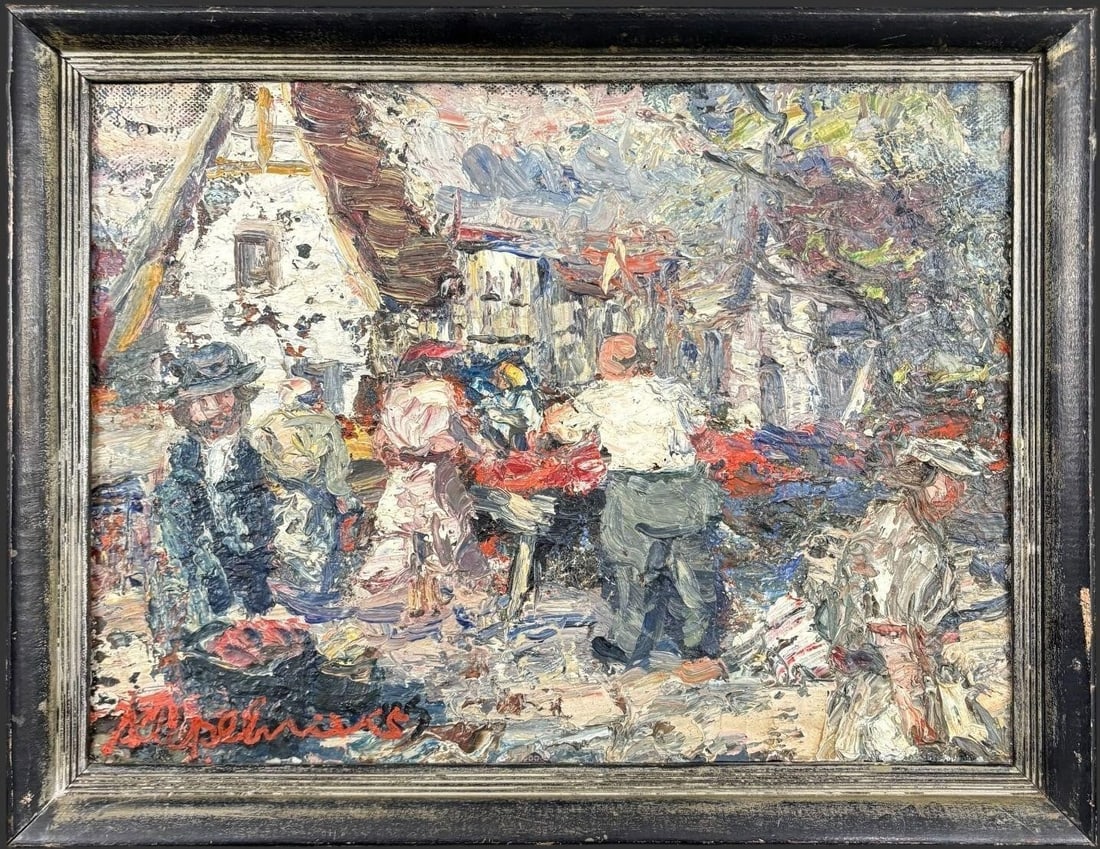 Mid-Century Impasto Oil Painting European Village Market Scene (1 of 5)