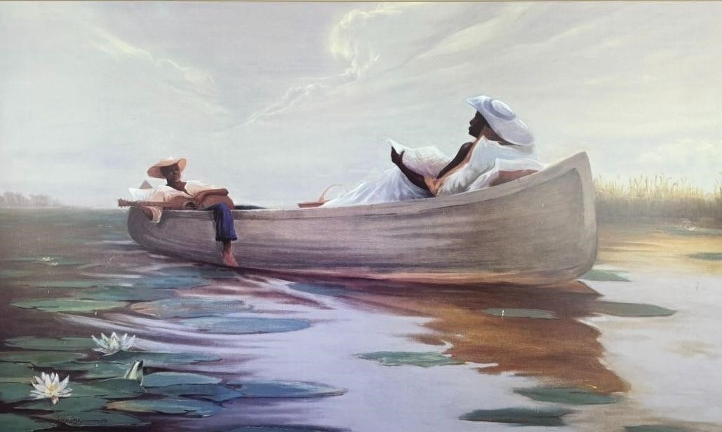 Earl Jackson (1948-) "Summer Serenade" Print: Color print titled "Summer Serenade" by American artist Earl Jackson (born 1948). The work depicts Jackson's characteristic whimsical and romantic imagery, featuring a lively scene rende