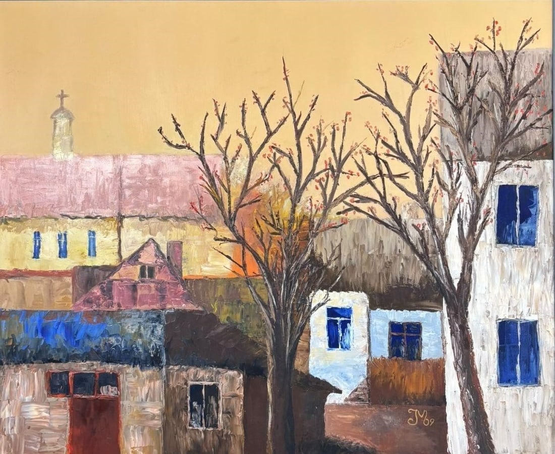 Mid Century European Village Landscape Oil Painting Signed JM69 (1 of 5)