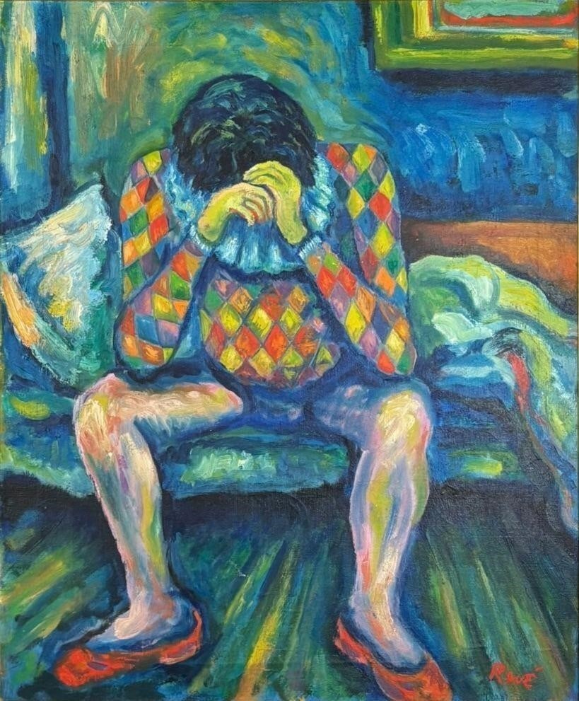 Expressionist Figural Interior Painting 'Rove': Colorful expressionist style oil painting on canvas depicting a seated figure resting forward with head in hands, dressed in a vivid harlequin-pattern sweater, set within an interior scene rendered in