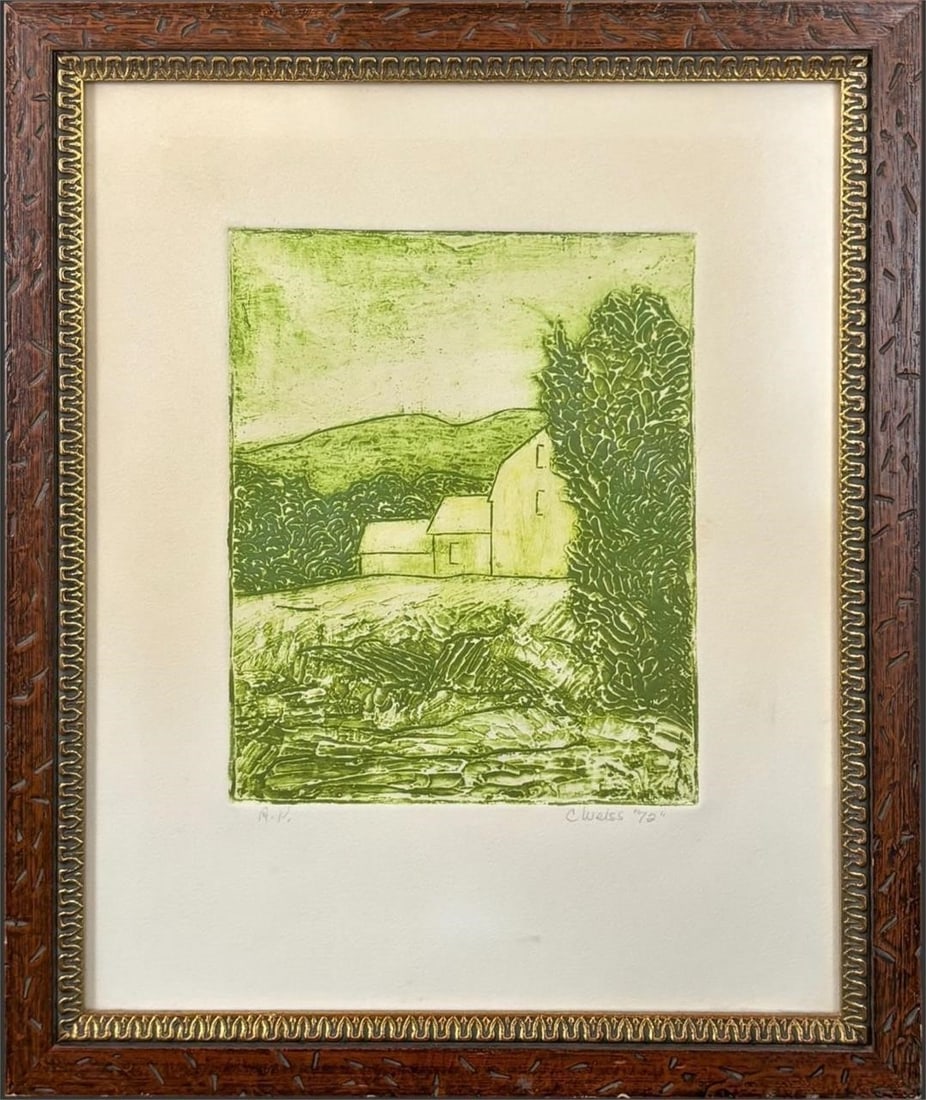 C. Weiss 1972 Green Landscape Etching Artist Proof: Framed landscape etching by C. Weiss, dated 1972 and signed in pencil at the lower right. The print is marked "A.P." (Artist Proof) at the lower left and rendered in green ink, depicting a r