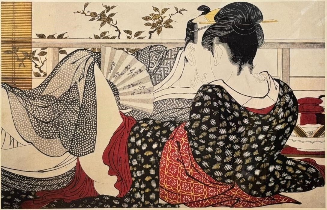 Utamaro "Lovers" Japanese Ukiyo-e Style Poster: Framed decorative print titled "Utamaro Lovers," depicting an intimate couple in traditional Japanese attire rendered in the style of Edo-period ukiyo-e woodblock prints associated with the