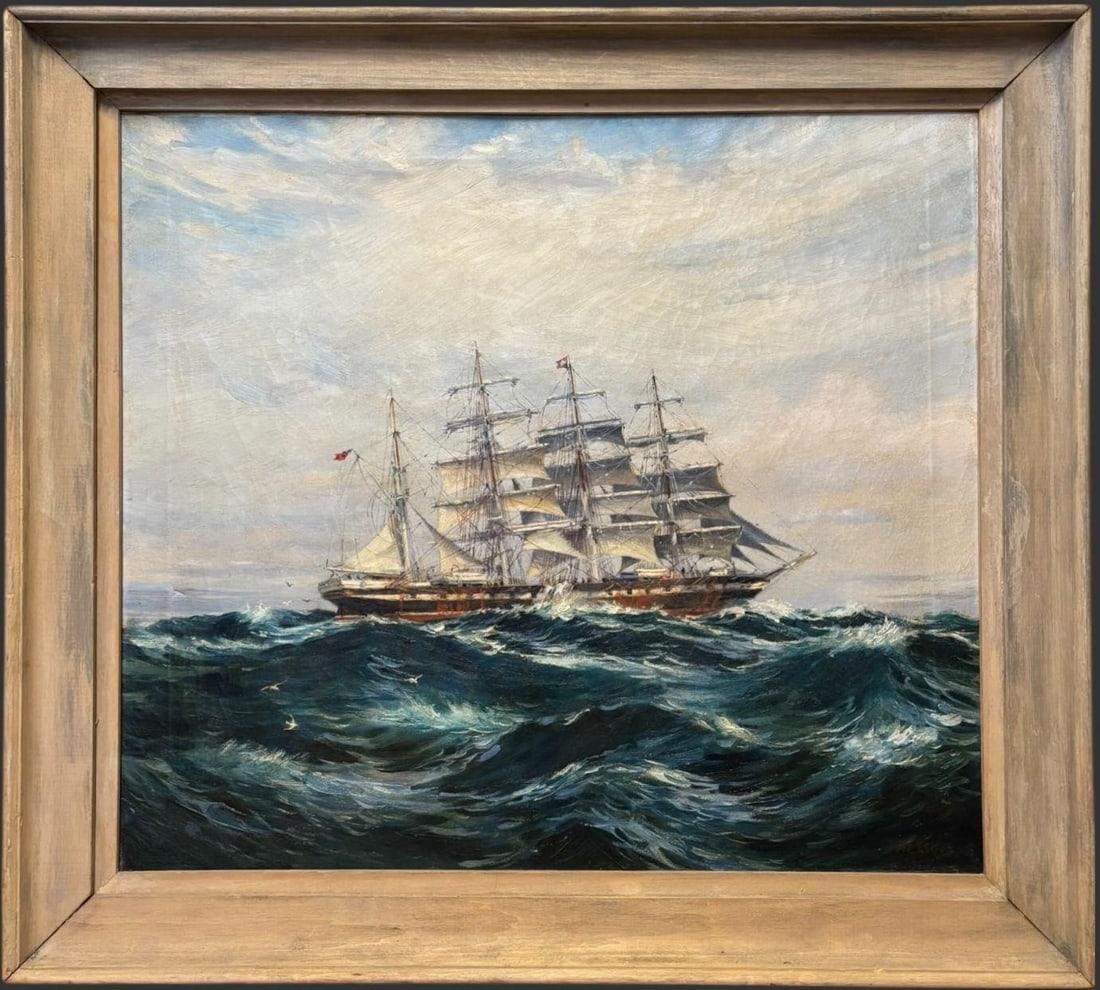 Antique Maritime Oil Painting Clipper Ship at Sea Signed