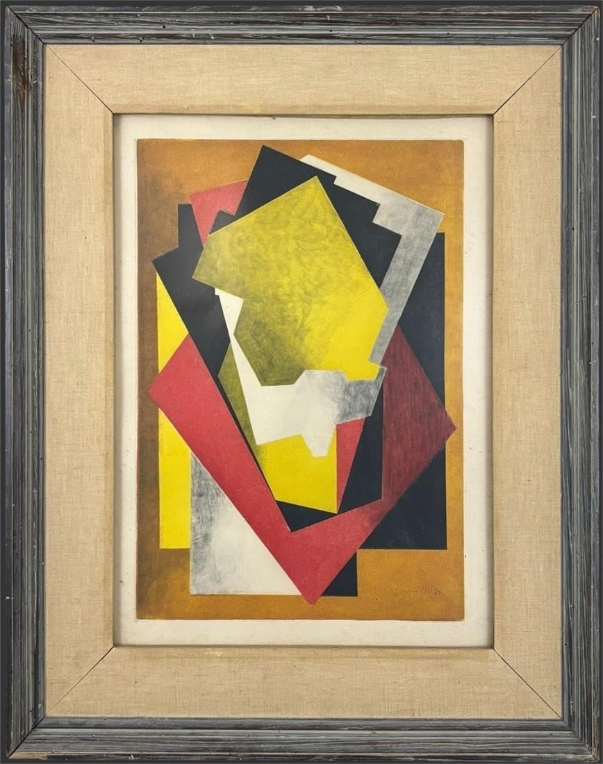 Jacques Villon (1875-1963) Cubist Lithograph Print: Jacques Villon (French, 1875-1963) Cubist abstract composition print featuring overlapping geometric forms in bold tones of yellow, red, black, silver, and ochre. The work displays Villon's charac
