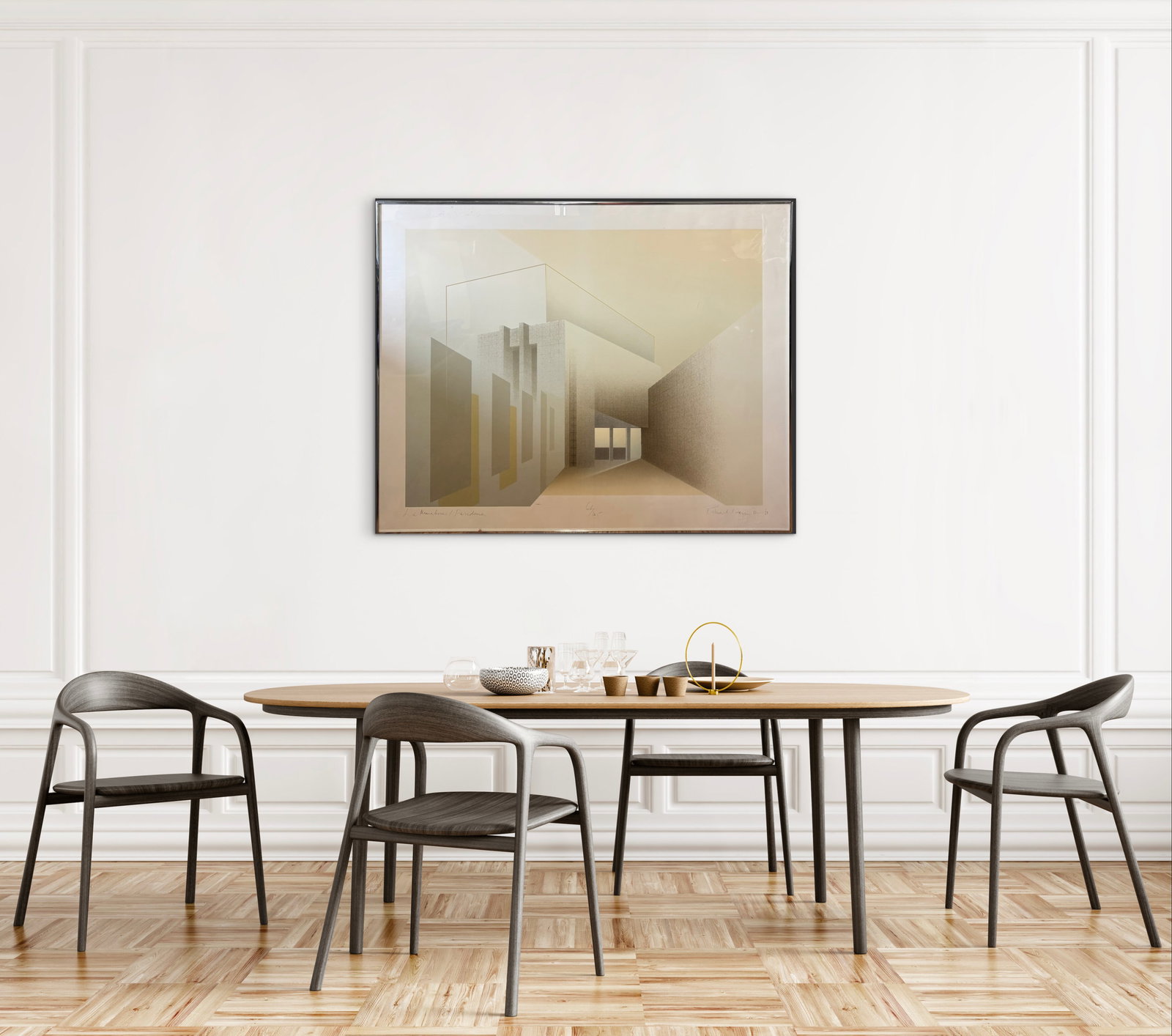 Richard Davies Architectural Print 66/125 1983: Limited edition architectural screenprint titled "La Miniatura / Pasadena" by British artist Richard Davies, signed and dated in pencil lower right and numbered 66/125 in the lower margin. T