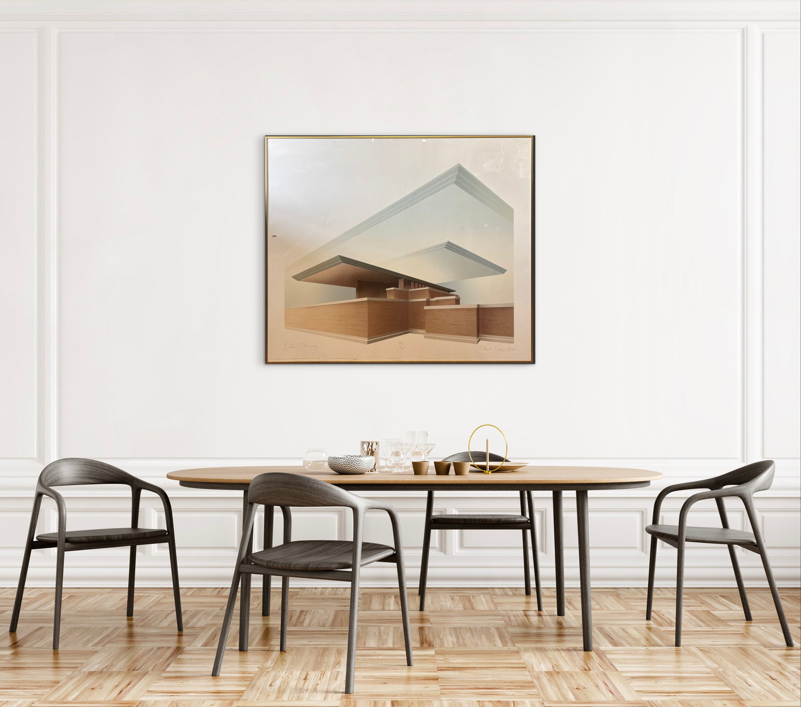 Richard Davies Architectural Print 66/125 1983: Framed modern architectural print depicting a stylized geometric building with strong horizontal planes and modernist perspective rendered in muted tones of tan, brown, and gray. The print is pencil s