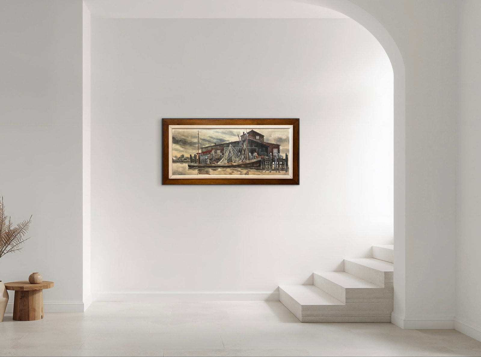 Signed Brzozowski Harbor Fishing Scene Large Watercolor Painting (1 of 5)