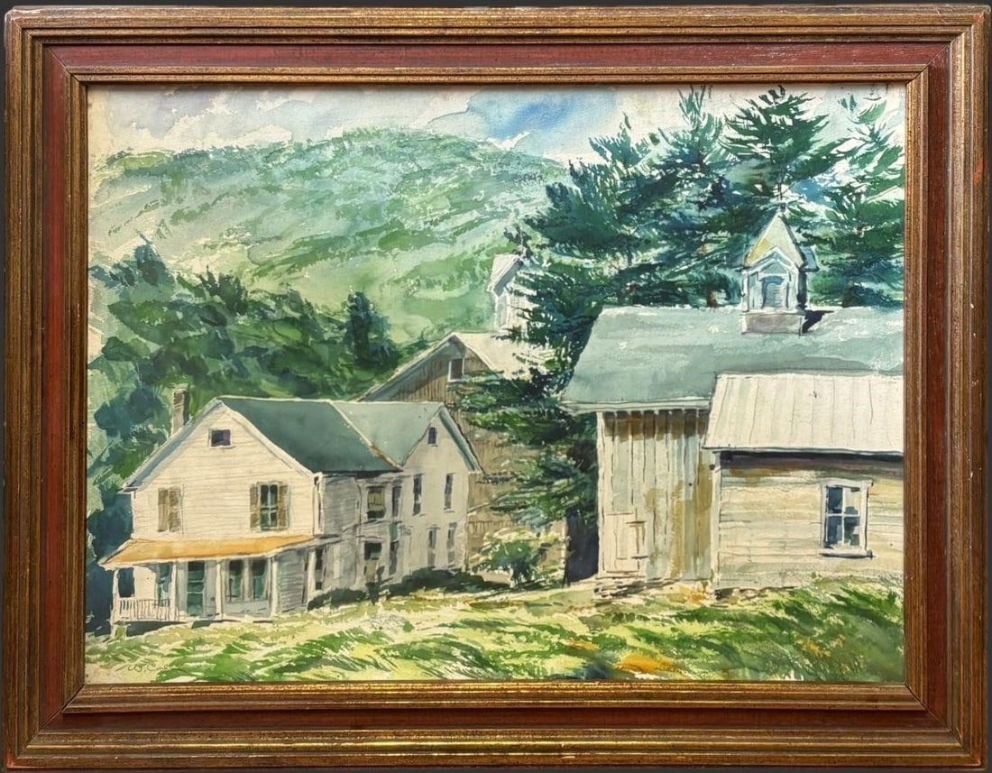 Signed Vermont Farmhouse Landscape Watercolor 1932: Watercolor painting depicting a rural Vermont landscape with farmhouse, barn, and hillside scenery, signed at the lower edge though the signature is not clearly legible. The composition shows a white