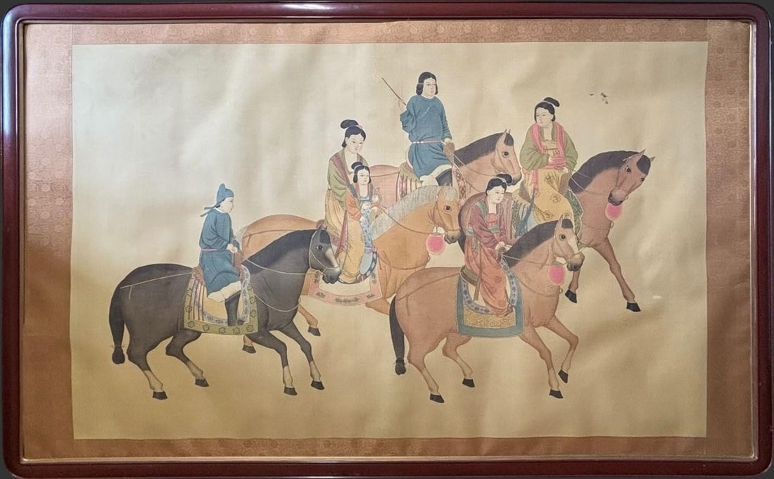 Chinese Tang Style Ladies on Horseback Ink On Silk: Framed Chinese painting depicting a group of elegantly dressed court ladies and attendants riding horses, rendered in the traditional style associated with Tang dynasty court scenes. The composition s