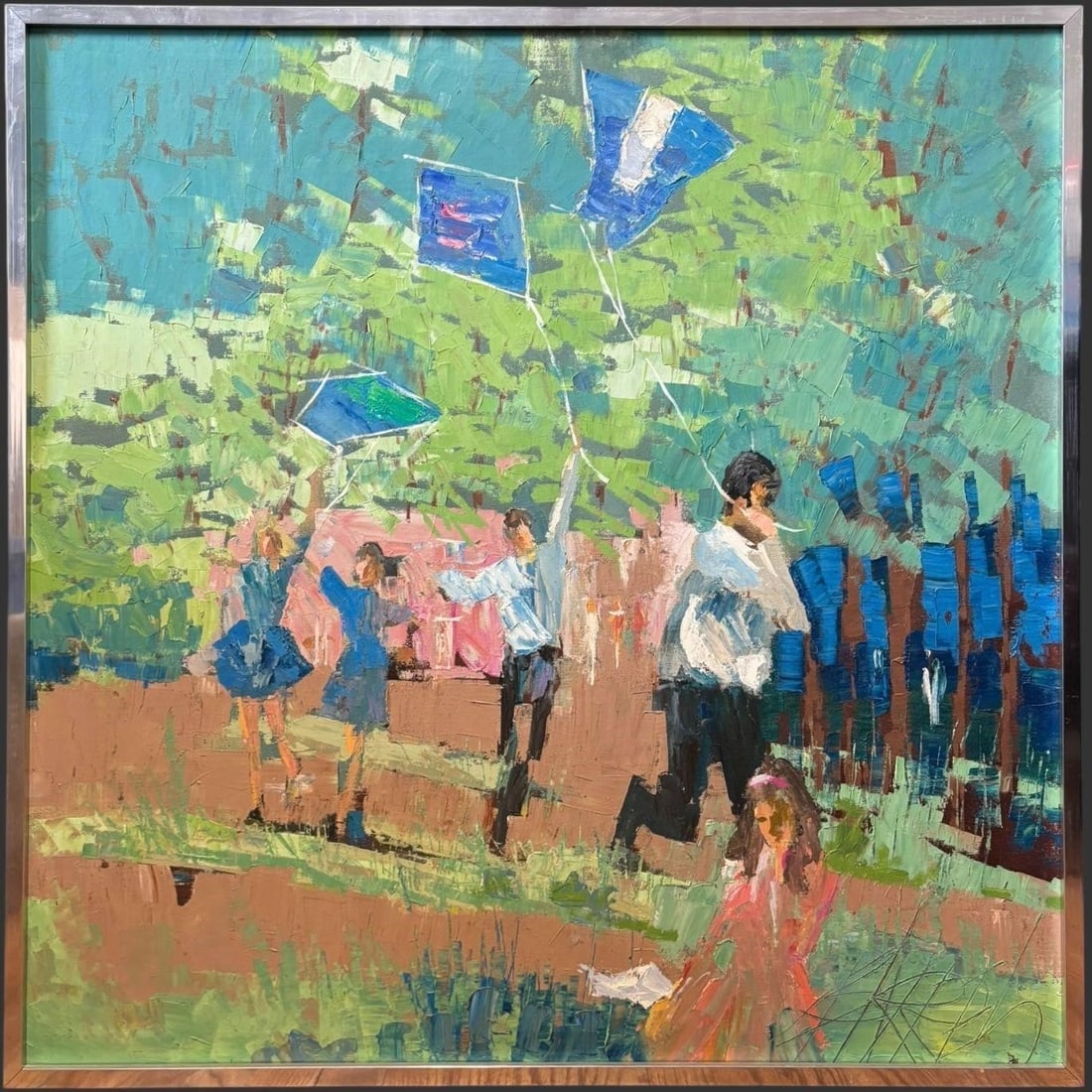 Signed Mid Century Figural Park Scene Oil Painting