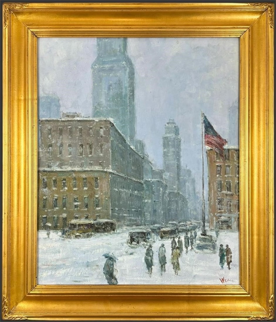 Signed 'Weil' Winter City Street Scene Oil Painting (1 of 5)