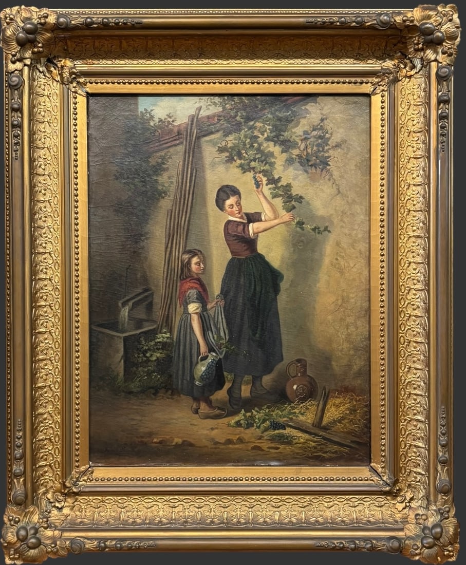 Antique Genre Oil Painting Woman & Child Harvest Scene: Charming antique oil on canvas depicting a pastoral genre scene of a woman and young girl gathering grapes beside a rustic wall, rendered in a warm, naturalistic palette with fine attention to period