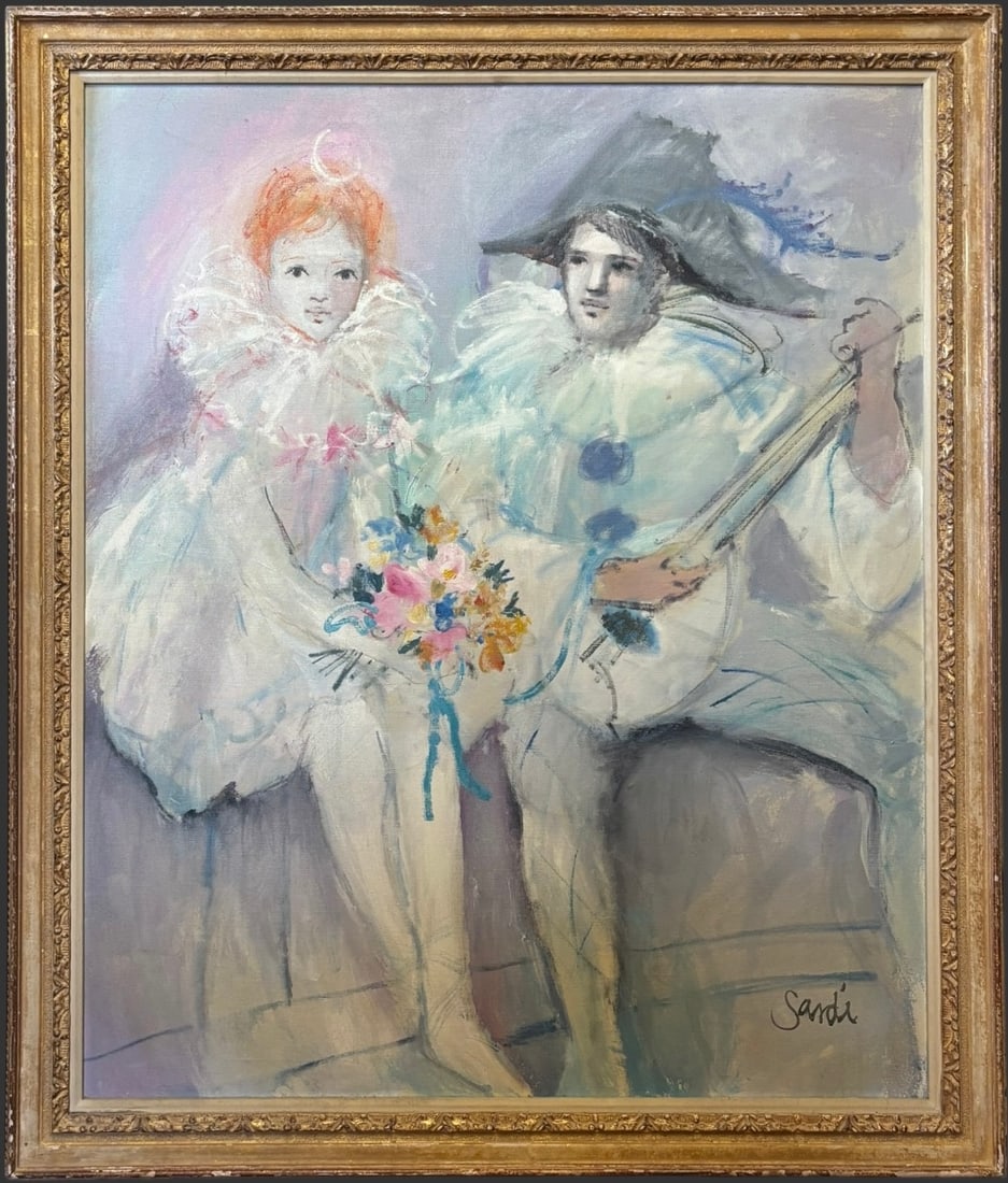 Signed Sandi Pierrot Couple w/ Lute Oil Painting: Charmi