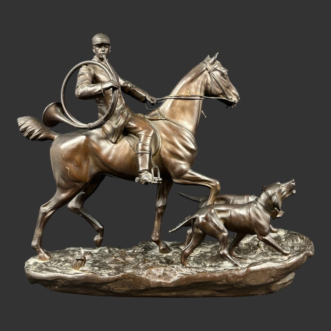 Bronze Equestrian Hunting Group Sculpture w Dogs: Finel