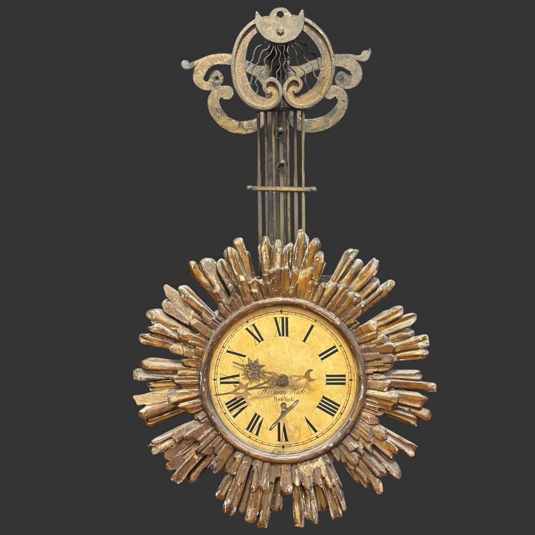 19th Century Herman Rick New York Eglomisé Lyre Form Wall Clock (1 of 7)