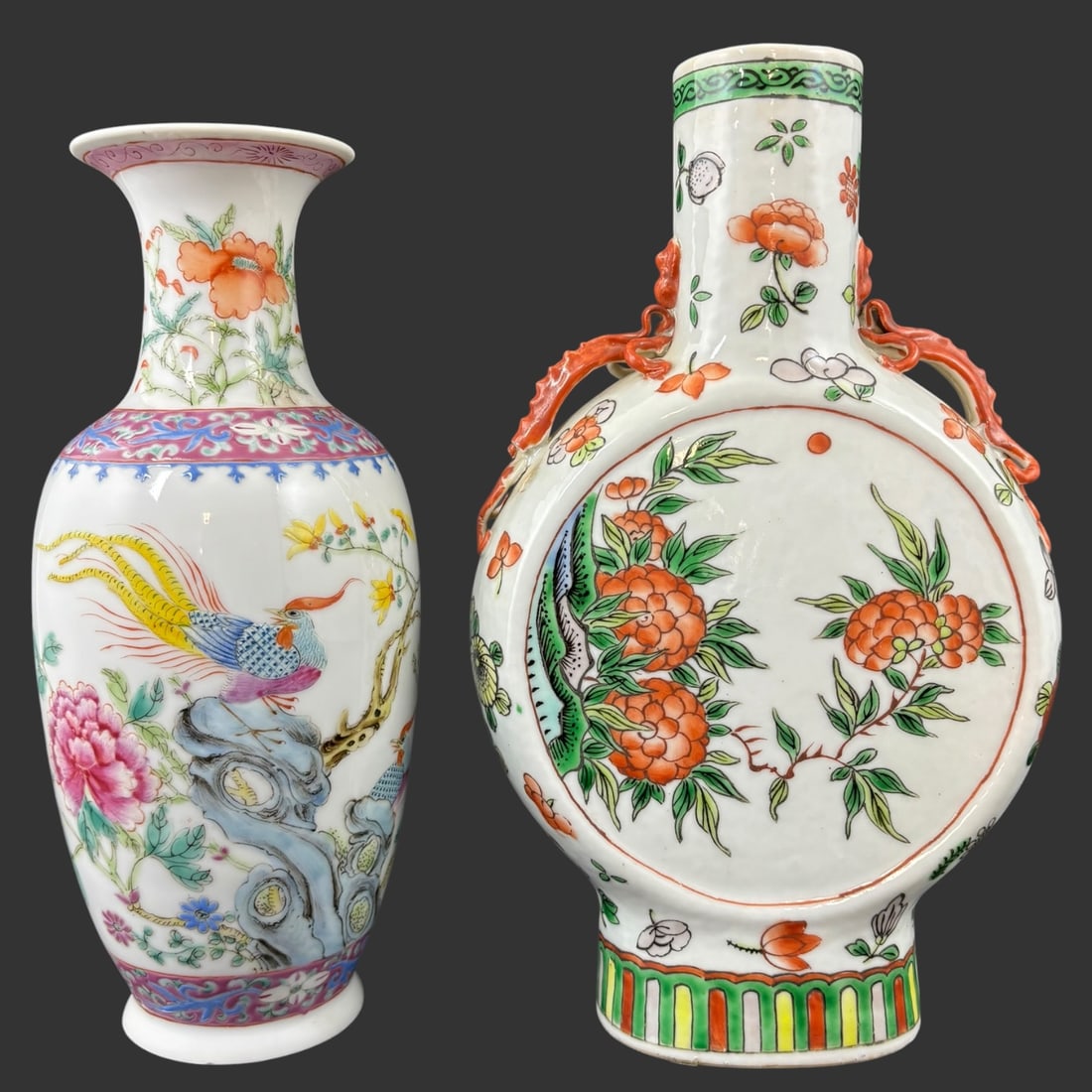 Two Chinese Famille Rose Porcelain Vases with Figural Dragon Handles (1 of 13)