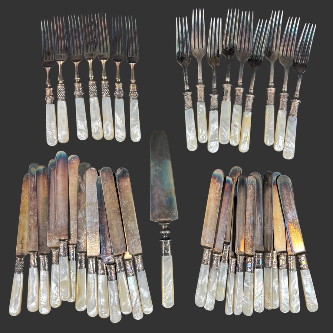 Lot of 42 Sterling & MOP Flatware Set w/ Servers: Antiq