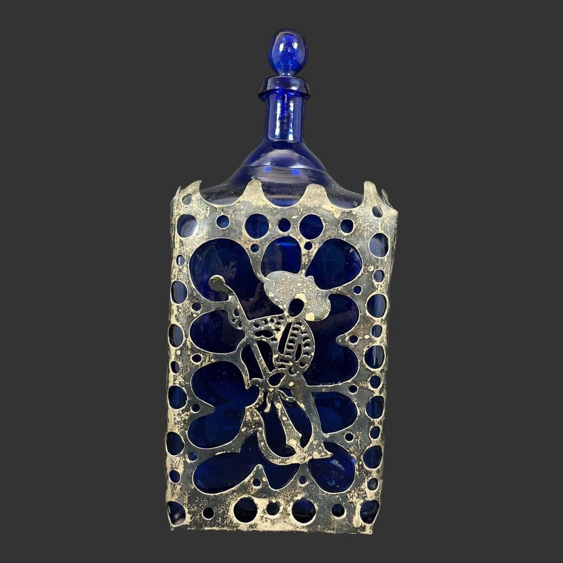 Cobalt Blue Glass Decanter w/ Mexican Sterling Silver Overlay Casing (1 of 11)