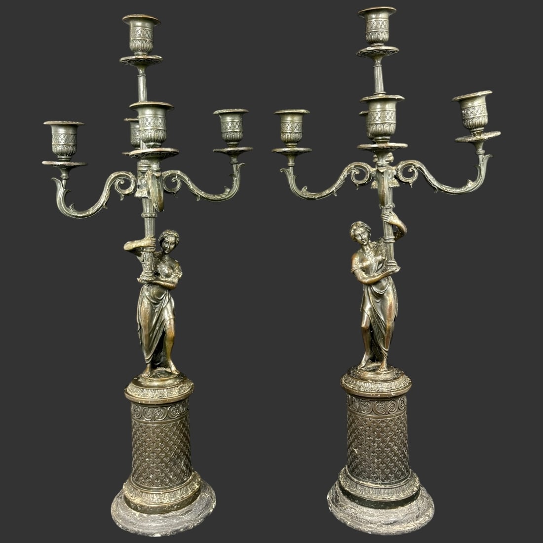 Pair of Antique Figural Bronze Five-Light Candelabra with Classical Female Figures (1 of 6)