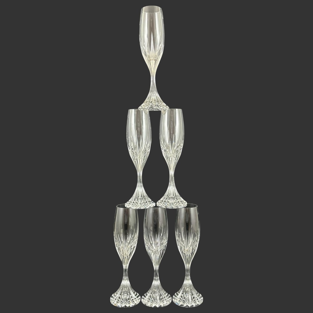 Set of 6 Baccarat Massena France Crystal Champagne Flutes: Elega