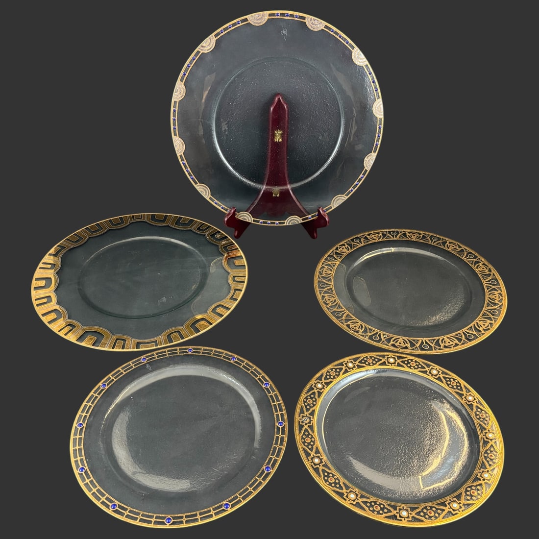 Lot of 5 Glass Plates Gilt and Cabochon Decoration by Peter Crisp (1 of 13)