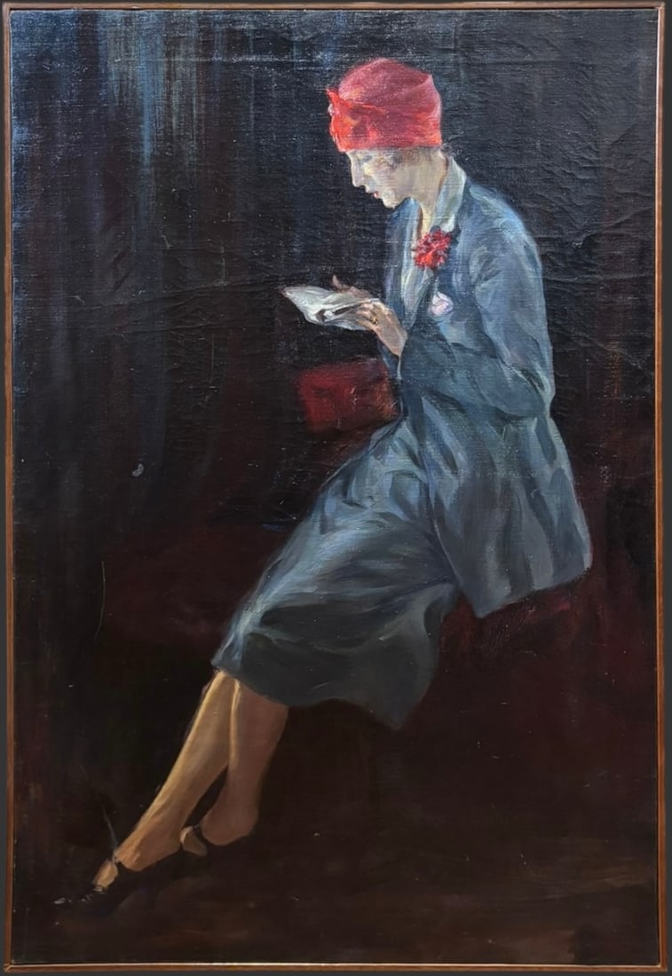 Angelo Cantù (Italy, 1881-1955) Oil Painting of Elegant Woman Reading (1 of 4)