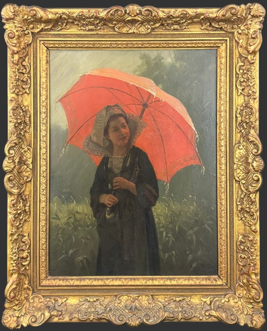 Henry Mosler (1841-1920) Oil On Wood Panel Portrait Of A Girl Holding Umbrella In Field: Off