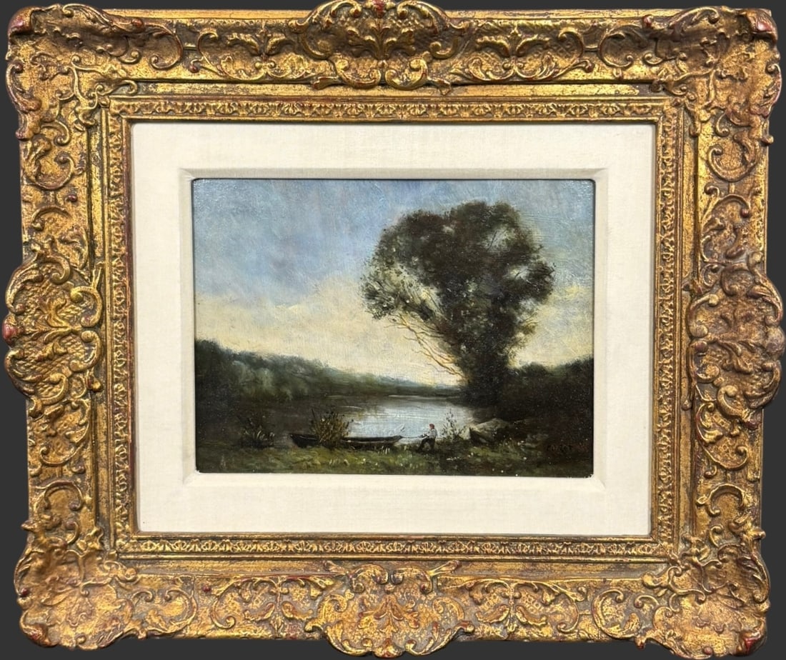 Antique Barbizon School Oil On Wood Panel Landscape Painting Signed Corot (1 of 4)