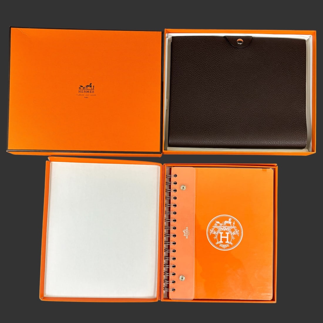Hermès Paris Leather Agenda Cover & Spiral Notebook Set: A refined pairing of authentic Hermès stationery pieces, this lot includes two distinct items: a brown grained leather agenda cover with snap closure and a separate Hermès spiral-bound n