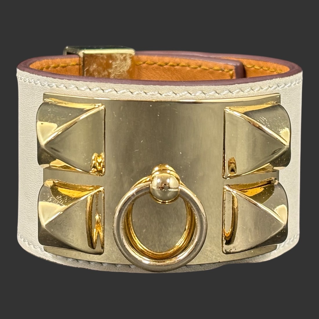 Hermès Collier de Chien White Leather & Gold-Plated Cuff Bracelet (1 of 8)