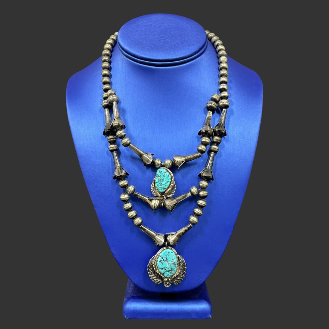 Navajo Squash Blossom Necklace Turquoise & Stamped Pendant (1 of 7)