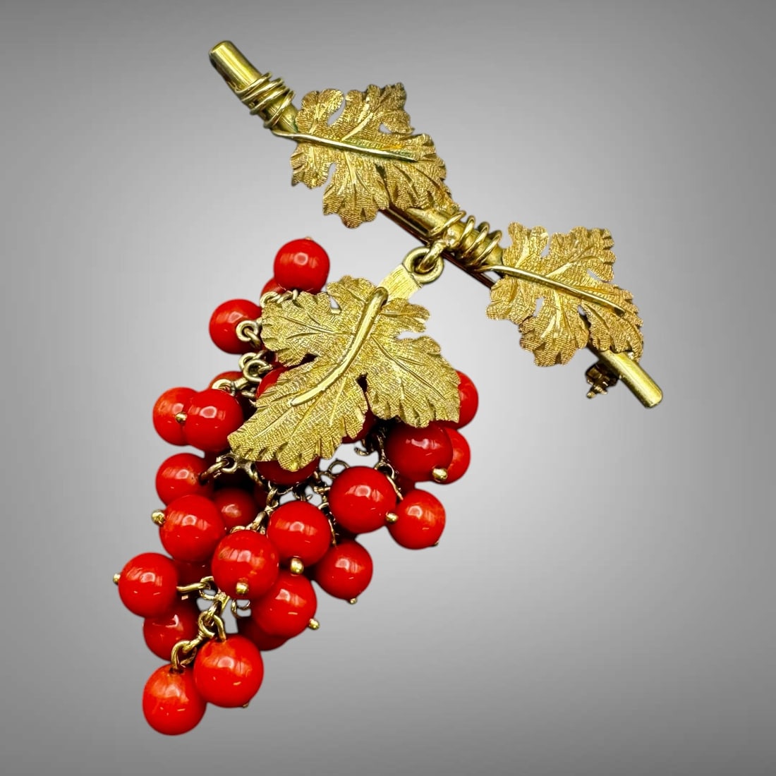 Vintage 18K Gold Figural Leaf Grape Cluster Brooch/Pin with Red Coral Beads (1 of 6)