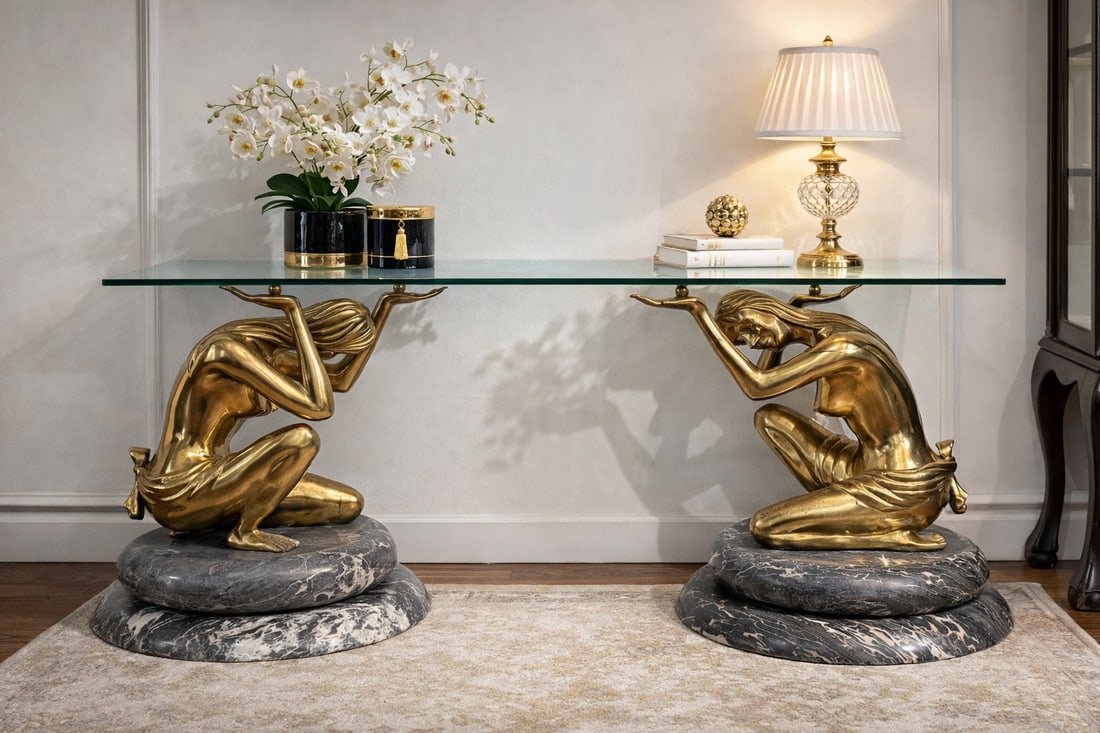 Hollywood Regency Art Deco Style Figural Gilt Console Table: Striking Hollywood Regency console table in the Art Deco style, featuring a sculptural base composed of two gilt kneeling female figures gracefully supporting a thick rectangular glass top. The figure