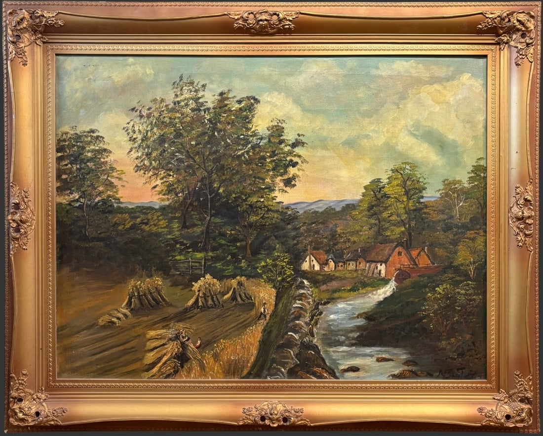 Antique Signed Pastoral Landscape Oil Painting on Canvas: A ch