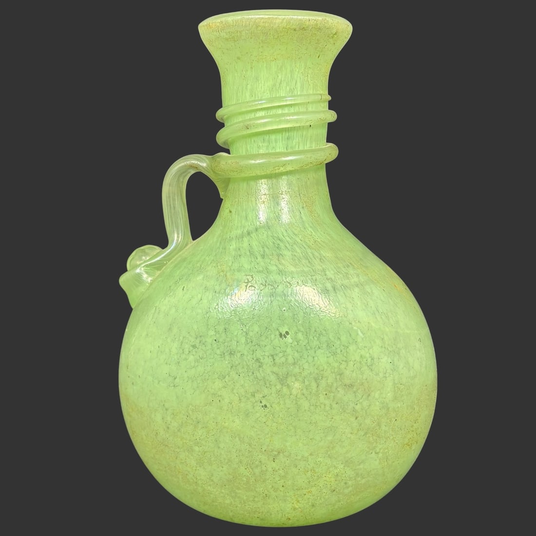 Roman-Style Green Art Glass Ewer Vessel, Applied Handle (1 of 9)