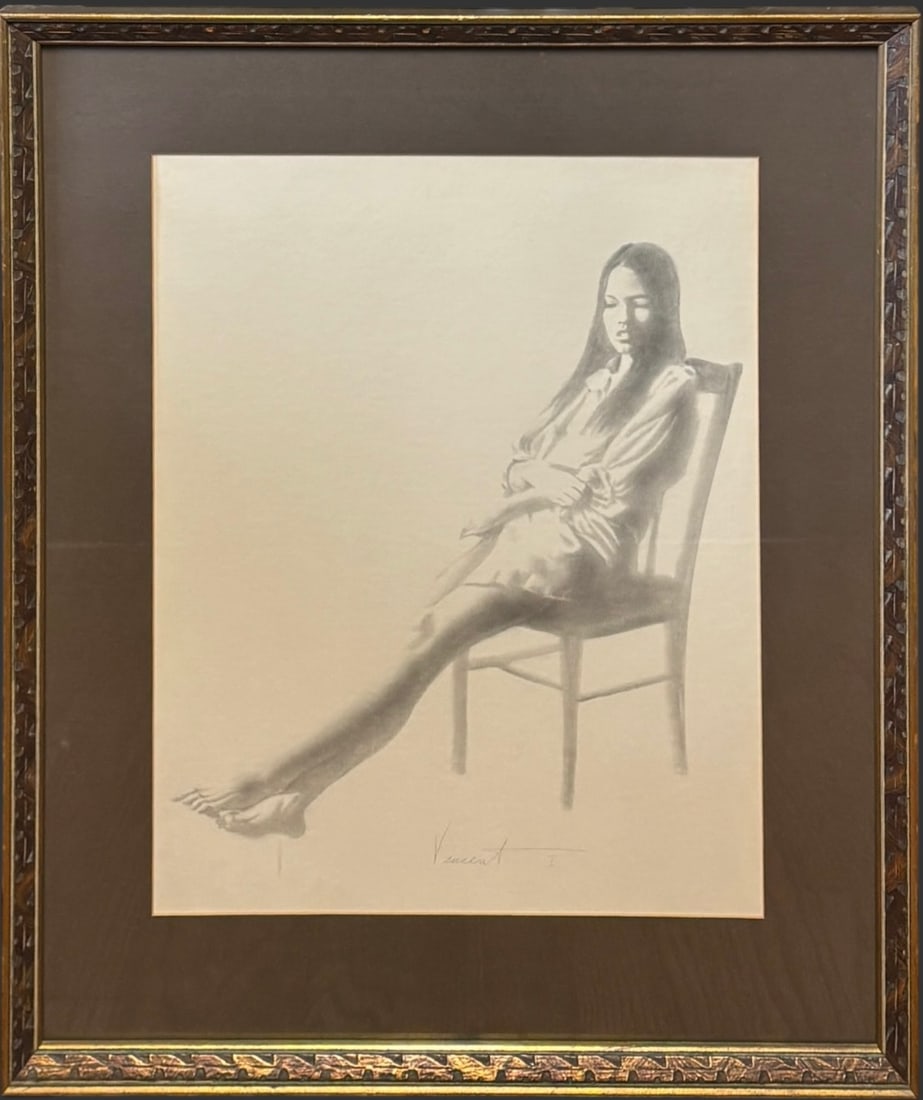 Signed “Vincent?? Seated Female Figure Drawing, Framed Charcoal/Pastel Study: A str