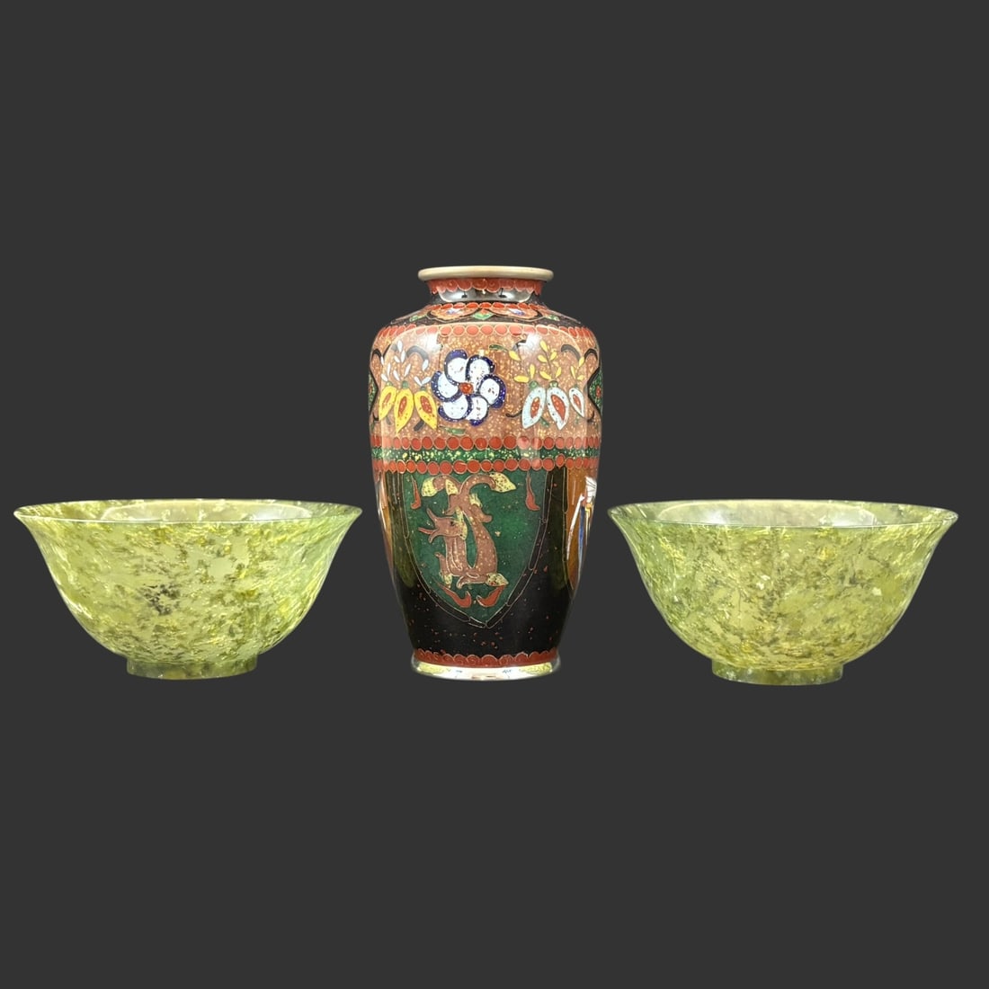 Japanese Cloisonné Enamel Vase & Pair of Carved Green Jade Bowls: A dec