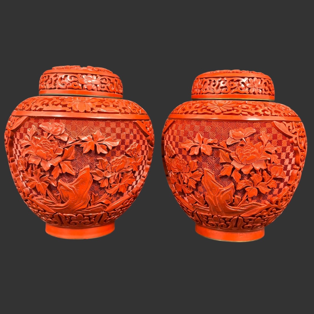 Pair of Chinese Carved Cinnabar Covered Jars (1 of 9)