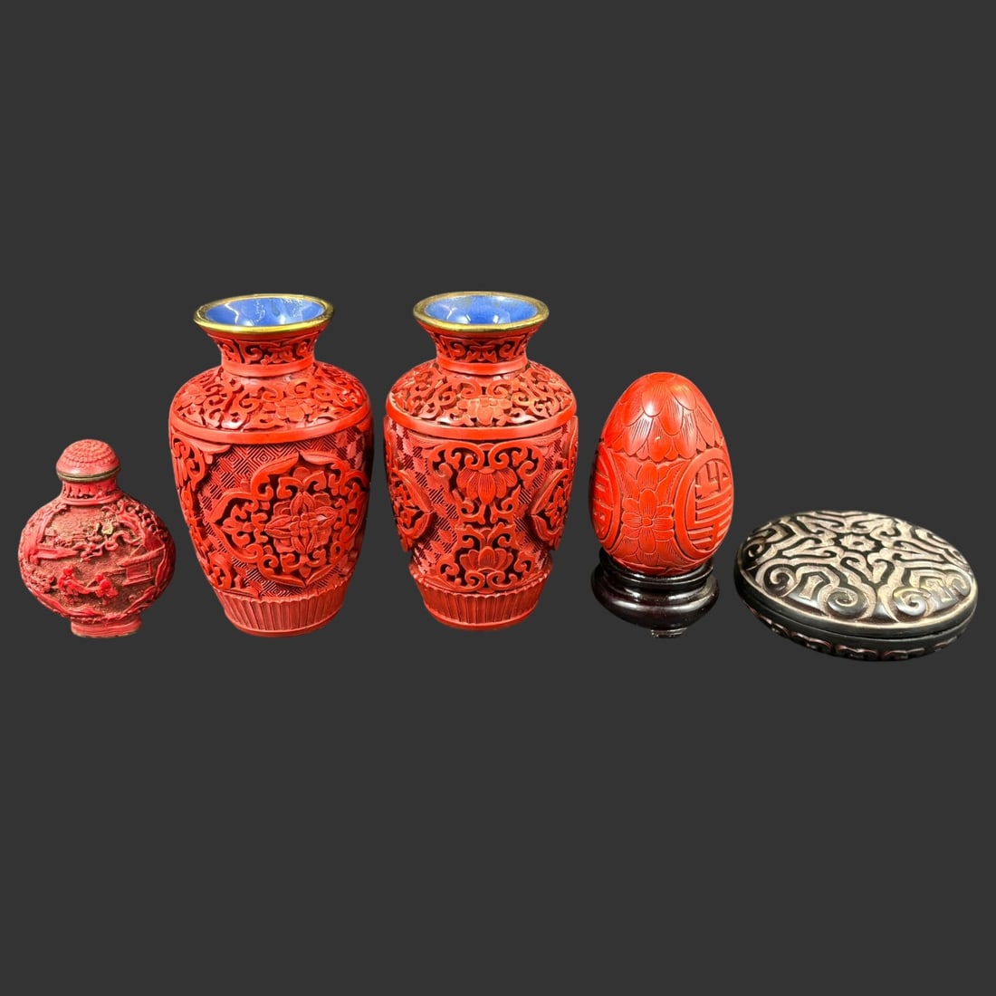 Lot of 5 Chinese Carved Cinnabar Lacquer Vases, Bottles (1 of 11)