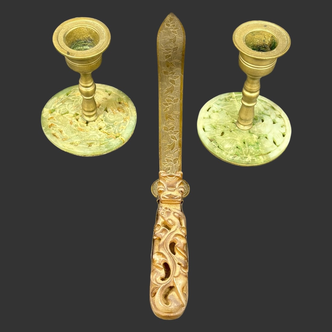 Antique Chinese Gilt Bronze & Jade Letter Opener & Candle Holders (1 of 9)