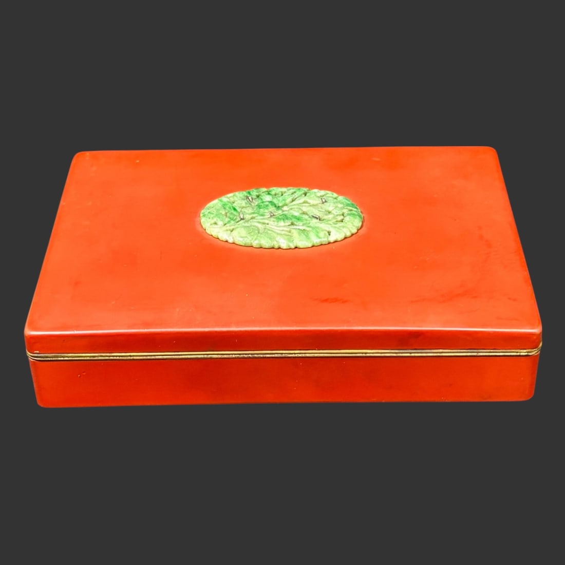 Japanese Yamanaka Lacquerware Red Box w/ Green Jade Medallion: A vint