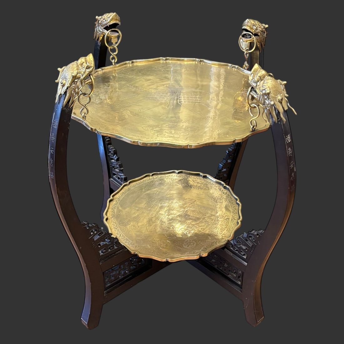 Chinese Carved Wood & Brass Dragon Tiered Table Stand (1 of 10)