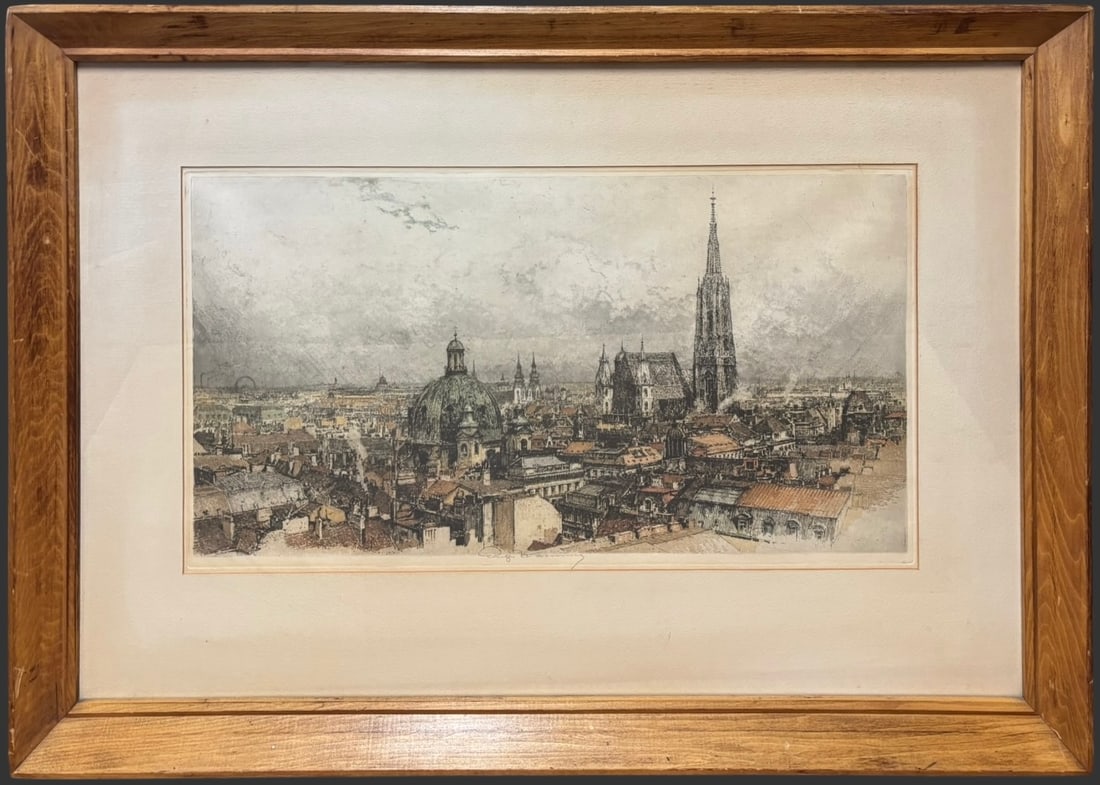 Luigi Kasimir (1881–1962) Hand-Colored Etching of Vienna Cityscape (1 of 4)